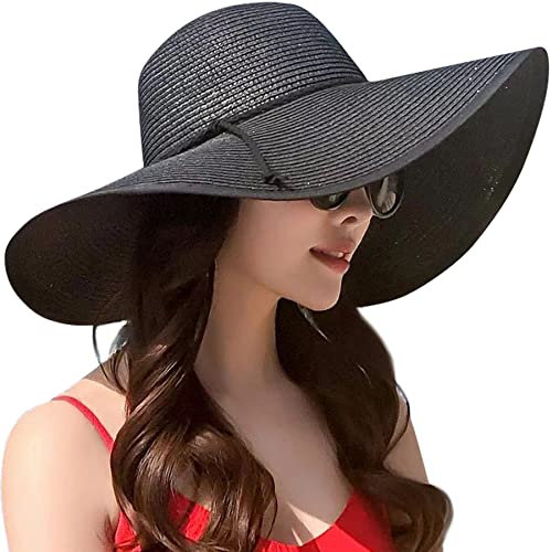 Lanzom Womens Wide Brim Straw Hat Big Floppy Foldable Roll up Cap Beach Sun Hat UPF 50+, Twine-black, One Size