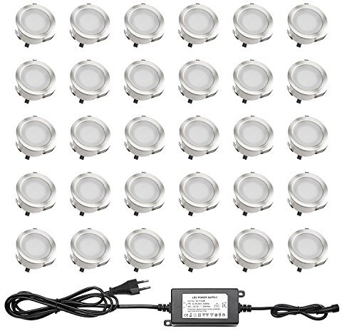QACA Pack of 30 Encastré LED Terrasse Bois Luminaire Kits DC 12V Basse Tension F30mm étanche IP67, Lampe Terrasse Led Encastrable pour Eclairage Extérieur (Blanc Chaud) [Classe énergétique A]