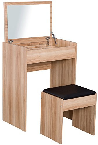 HOMCOM Dressing Table with Mirror and Stool, Vanity Makeup Table with Flip Up Mirror, Vanity Desk with Storage Unit and Padded Seat, Wood