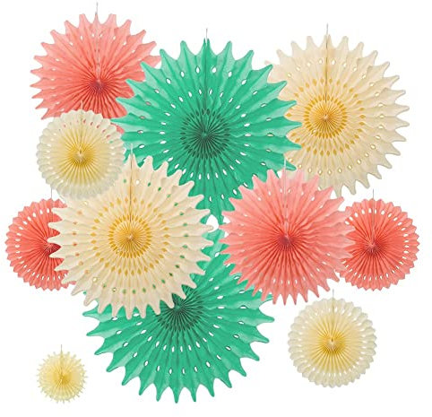 EASY JOY Paper Fans Set Assorted Colors Hanging Ceiling Wall Decor Party Supply Photo Back Drop for Birthday Wedding Graduation Events Accessories (Mint Peach Cream)