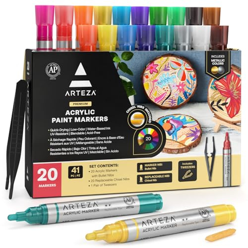 ARTEZA Acrylic Paint Markers, Set of 20 Acrylic Paint Pens in Assorted Colors, Art Markers for Glass, Pottery, Ceramic, Plastic, Rocks, and Canvas