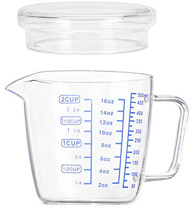 Glass Measuring Cup Jugs with Lid Pour Spout 17 oz Microwave Graduated Glass Mug with Handle Clear Scale Solid Ounce Cup Fluid Accuracy Measure Tool Powder Cooking Baking Wine Milk Coffee Cook 500ml