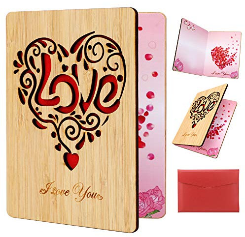HOWAF Valentinstag Karte Bambusholz Ich Liebe Dich Karte Herz Grußkarten Liebeskarte Hochzeitskarten Valentinskarte für Sie, Geschenk für Sie Ihn Valentinstag Jahrestag Geschenk, mit Umschläge