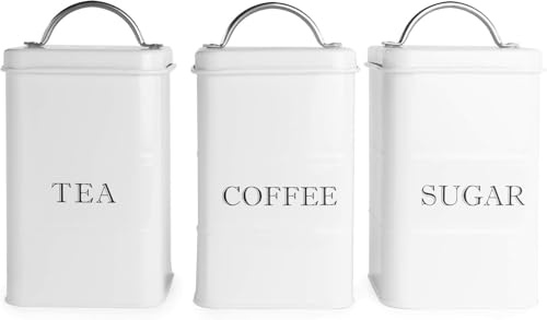 Vintage Style Airtight Tea, Coffee & Sugar Canister Set of 3 – Alloy Steel Kitchen Storage Tins (White) | Dust‑Proof, Rust‑Resistant, Retro Design | M&W