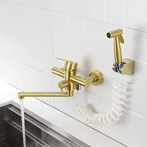 HomeLava Grifo Dorado, Grifo de Cocina Pared con Pistola Rociadora y Caño 230 mm, Grifo de Cocina Oro Giratorio de 360°, Acero inoxidable 304