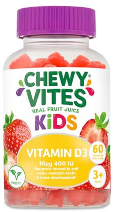 Chewy Vites Kids High Strength Vit D3, 60 Kids Vitamin D Gummies, 10 mcg 400 IU Vitamin D3, 2 Months Supply, Vegan, Real Fruit Juice, Age 3 +, Strawberry Flavour