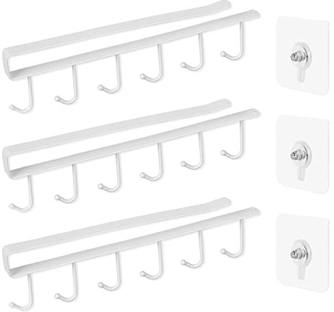 SHEEPPING 3 Stück Tassenhalter, Schrankeinsatz Tassenhalter, Ohne Bohren, Aufbewahrungshaken, Haken für Tassen, Becher, Weingläser, Küchenutensilien, mit Selbstklebenden Schrauben Weiß
