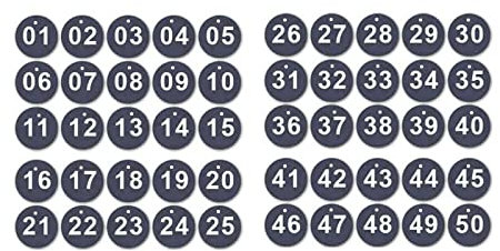 TopHomer Gravierte Nummernschilder, Tischplatten, Kunststoff-Rundschlüssel-Nummernschilder, Nummern-Schlüsselanhänger (Schwarze Zahl 1-50)