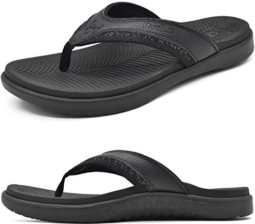 KuaiLu Flip Flops Men Sport Thong Sandals with Comfort Plantar Fasciitis Arch Support Beach Pool Slides for Men Soft Yoga Mat Cushion Size 10 Black