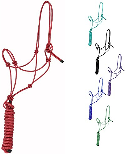 Majestic Ally 1/4 Rope 4 Knot Stiff Polyester Training Halter with 10’ Matching Lead Rope for Horses – Full (Red, Full)