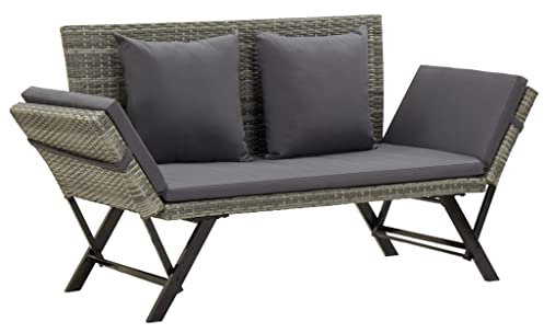 KOIECETA Gartenbank mit Auflagen Sonnenliege Sitzbank Bank Gartenliege Liege Gartenmöbel Balkonbank Parkbank Terrasse 176cm Schwarz Poly Rattan (Grau + Dunkelgrau)