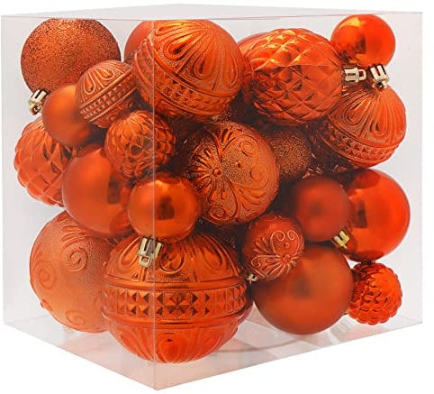 Copper Orange Christmas Tree Decorations - 36pcs Shatterproof Ornaments Set with 6 Styles in 3 Sizes (Small, Medium, Large)