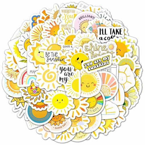 BulbaCraft 100 Stück gelbe Sonnenschein-Aufkleber, Sonnen- oder Sonnenstrahlenmuster, für Laptop und Wasserflaschen, Kratzfest, Outdoor, Vinyl, Oval, Rund, Kinderschmuckaufkleber
