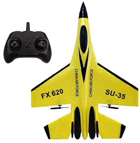 BOROCO RC Flugzeug,SU35 2 CH RC Flugzeug Ferngesteuert,2.4GHz Fixed Wing Glider Flugzeugmodell,Starrflügler Plane Spielzeug mit Licht (Gelb)