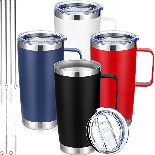 4 vasos de 590 ml con tapa y popote, taza de café de viaje aislada con asa, taza de viaje de doble pared al vacío, vaso térmico de sublimación de acero inoxidable, negro, azul, blanco, rojo