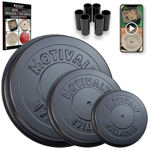 Motivaly Stampo Dischi Palestra per Calcestruzzo | Realizza Pesi per Allenamento da 0,2kg a 30kg in Cemento [E-Book e Video Tutorial] - 3 Stampi 1xØ45 + 1xØ32 + 1xØ20 + 6 Fori Standard (+31mm)