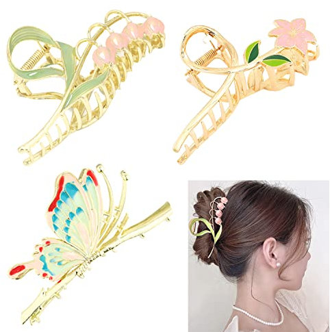 Pince Cheveux Femme 3 PCS, Pinces à Cheveux Fleurs Grosse Antidérapantes pour Femmes, Filles, Pince a Cheveux Metal pour Cheveux Épais, Cheveux Fins