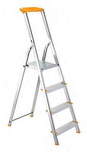 PROREGAL Metal Single Giraffe Einseitige-Aluminium-Bügelleiter mit Ablageschale | 4 Stufen | HxB 152x43,1cm | Leiter, Teleskopleiter, Trittleiter, Bockleiter, Sprossen-Doppelleiter, Stehleiter