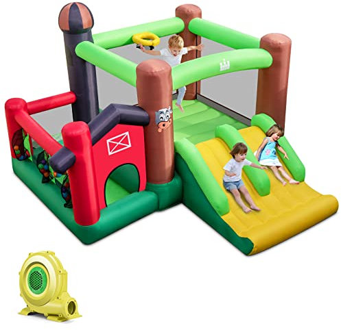GOPLUS Aufblasbare Hüpfburg, Spielburg für Kinder mit Bällebad, Basketball, Rutsche & Sprungbereich für drinnen & draußen, Spielparadies mit Reparaturset & Erdspießen (Bauernhof, Mit Gebläse)