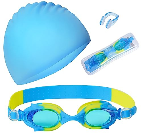 3 Pieces Kids Swim Cap for Boys Girls Silicone Swimming Cap for Short Hair with Swimming Goggles and Nose Clip Blue Unisex Waterproof Bathing Caps for Age 3-15 Children Boys Girls