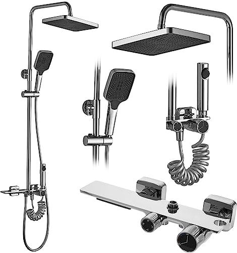 Rea Duschsystem HELIX Chrom Duschset Duscharmatur mit Duschkopf und Kopfbrause aus Messing Duschgarnitur für Badezimmer (Chrom)