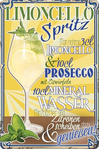 Witterungsbeständiges Deko Schild, Bar, Rezept Schild - Sommer Cocktail, Aperitif - Spritz, Sprizz, Veneziano - Likör mit Prosecco - 30 x 20 cm (Limoncello Spritz)