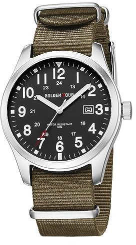 GOLDEN HOUR Orologio da Uomo con Cinturino Slip-thru in Nylon con ora Militare Quadrante di Facile Lettura Lancette luminose Display 12/24 ore Orologi Sportivi Digitali Impermeabili