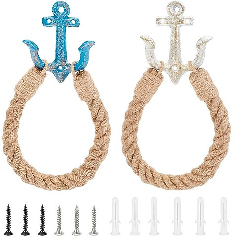 OLYCRAFT 2 Pcs Nautical Toilet Paper Holder Nautical Rope Toilet Paper Holder Roll Holder Towel Holder Vintage Wall-Mounted Towel Rack Rope Holder for Bathrooms Wall Mounted Decor - White & Blue