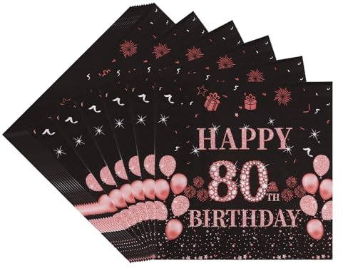 TOPWAYS 80 Geburtstagsdeko Servietten, 40Stück Schwarz Roségold Papier Party Servietten Tischdeko für Sie 80. Geburtstag Frau Frauen Mama Happy Birthday Servietten Deko (Servietten Geburtstag 80)
