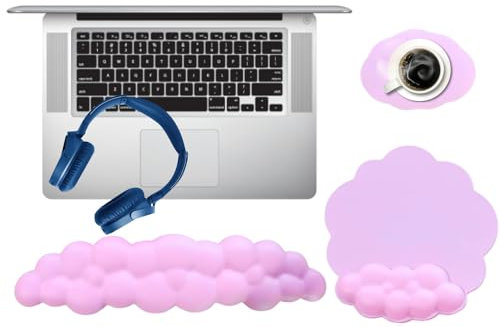 HTT GLOBAL Cloud Wrist Rest Set with Mouse Mat & Coaster - Pink Keyboard Wrist Rest Palm Rest for Pain Relief - Soft Memory Foam Arm Rest for Desk - Ergonomic Desk Wrist Support for Home/Games (3Pcs)