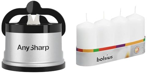 AnySharp Knife Sharpener, Hands-Free Safety, PowerGrip Suction, Safely Sharpens All Kitchen Knives & Bolsius Pillar Candles - White - Pack of 4 - Long Burning Time of 20 Hours - Household