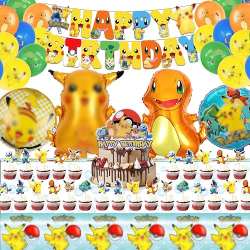 Kinder Party Deko Geburtstag, 55 PCS Birthday Party Supplies, Kindergeburtstag Deko mit Folienballon, Latex Luftballons, Happy Birthday Banner, Tischdecke, Kuchen Deko