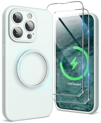 SURPHY Magnetic Case for iPhone 15 Pro Max Case with Screen Protector, Liquid Silicone Anti-Scratch Compatible with MagSafe Gel Rubber Phone Case for iPhone 15 Pro Max 6.7 inch (Soft Mint)
