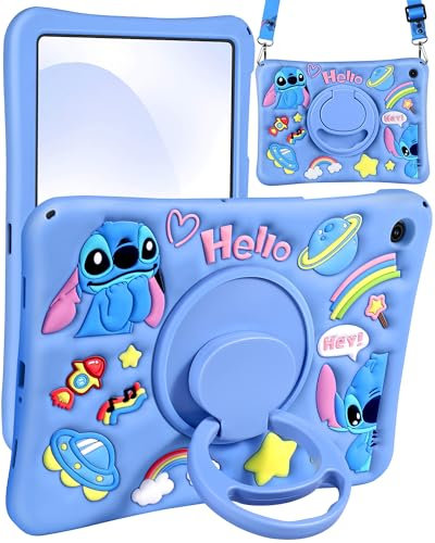 Petonist, Funda de Silicona Suave para Samsung Galaxy Tab A9 Plus de 11 Pulgadas con diseño 3D de Dibujos Animados Bonitos para Mujeres y niñas, con Correa, Azul