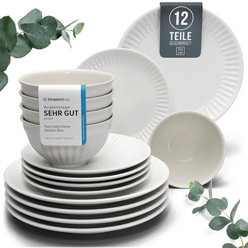 Service de vaisselle en grès pour 4 personnes HYGGE 12 pièces - Design scandinave élégant - Set de bols et assiettes - Service de table pour 4 en design strié - Pure Living gris clair