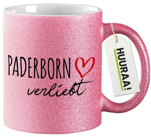 Huuraa Glitzertasse Paderborn verliebt Geschenk | Motivtasse 330ml Glitzer Tasse mit Spruch Pink Keramik Kaffeebecher Geschenkidee Pinker Glitter Becher mit Motiv