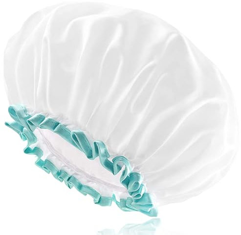 1Pcs White Shower Cap, Waterproof Washable Hair Caps for Long Short And Curly Hair Women, Bath Caps for Thick Hair with Elastic Lining with Ruffles Covering Ears