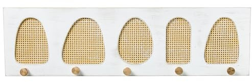 DRW Porte-manteau mural en bois et osier avec 5 crochets blanc et naturel 60 x 4 x 17 cm