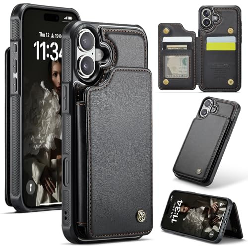 UEEBAI Wallet Case for iPhone 16 6.1, RFID Blocking Card Slots Flip Case PU Leather Kickstand Folio Case Magnetic Clasp Cover Shockproof Case Men Women - Black
