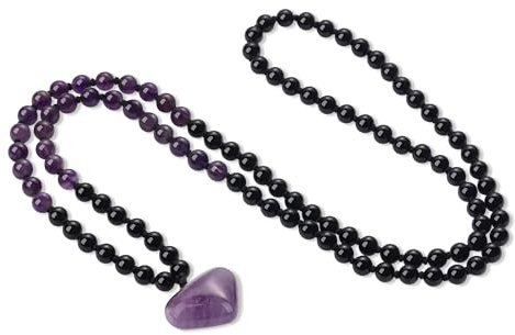 COAI Rosario Collana Donna Pietre Naturali, Collana Perle Mala 108 Grani in Onice Nero e Ametista Annodate a Mano e Ciondolo Cuore di Ametista