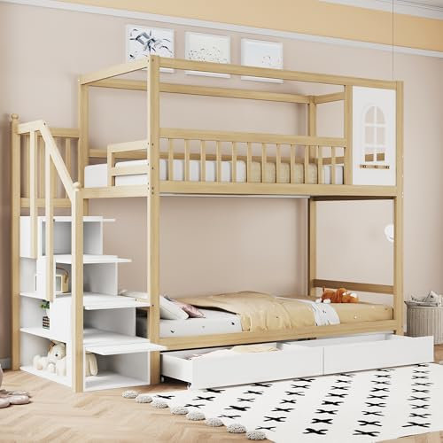 Kinderbett Etagenbett 90x200, Hochbett Hausbett mit 2 Schubladen&Fenstern, Sicherheitstreppe mit Staufächern, Bett Holzbett Jugendbett Bettgestell mit Sicherheitszaun&Lattenrost, Massivholz, Holzfarbe