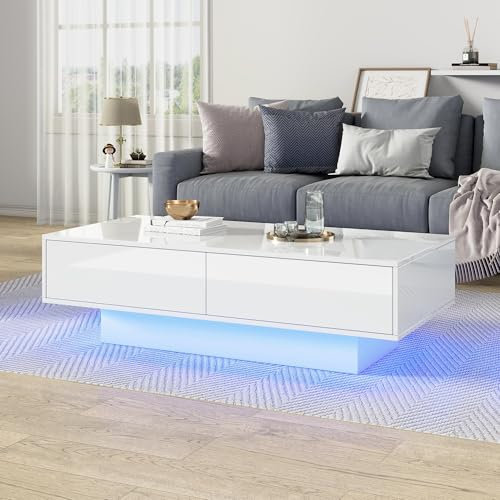 BTM White High Gloss Coffee Table with Storage, 16 Color LED Lights and 2 Drawers - Rectangular Table for Office, Store and Living Room