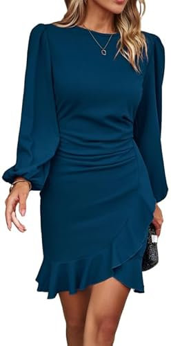 Haibang Vestido Mujer Elegante Manga Larga Vestido Corto con Cuello Redondo Vestido De Ruched Volante Dobladillo Vintage Midi Vestidos Sexy Bodycon Dress para Invitada Coctel Bodas Noche