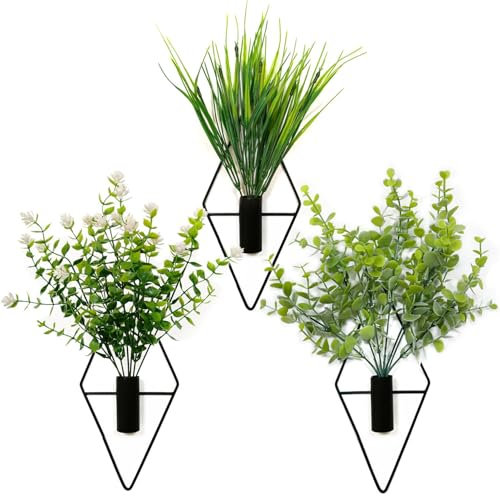 OrgMemory 3 Pack Wall Planter Vase with Artificial Plants, Hanging Planter Vase Wall Decor for Boho Home Decor, Geometric Wall Decor