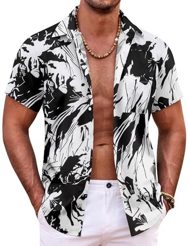 COOFANDY Herren Hemd Kurzarm Sommer Hawaii Hemd Strand Regular Fit Freizeithemden Faltenfrei Funky Kurzarmhemd Schwarz XXL