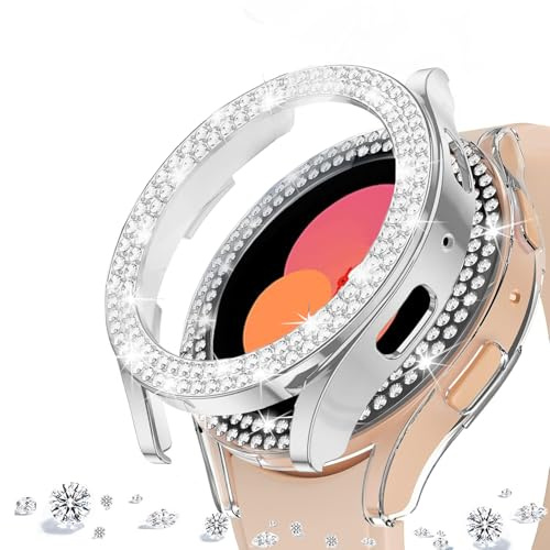 DEALELE [2 Pack] Uhrengehäuse Kompatibel mit Samsung Galaxy Watch FE / 5/4 40mm, Glitzer Doppelreihig Strass Diamant Schutzhülle Uhrenabdeckung Ersatz Gehäuse, 40mm, Silber + Transparent