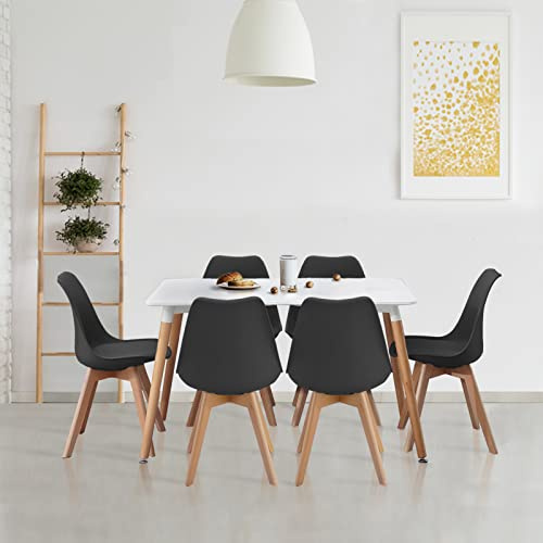 Homcasa White Dining Table and Chairs Set 6,120cm Rectangular Kitchen Table Modern PU Padded Seat Dining Chairs with Wood Legs, Contemporary Compact Dining Room Set (Black)