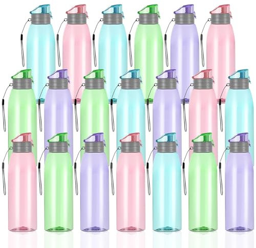 20 Pack Plastic Water Bottle Bulk 500 ml Kids Sports Drink Bottles Reusable Flip Top Water Bottle with Handle Strap, Leak Proof Travel Drink Bottles for School Party Gym Camping Outdoor, 4 Colours