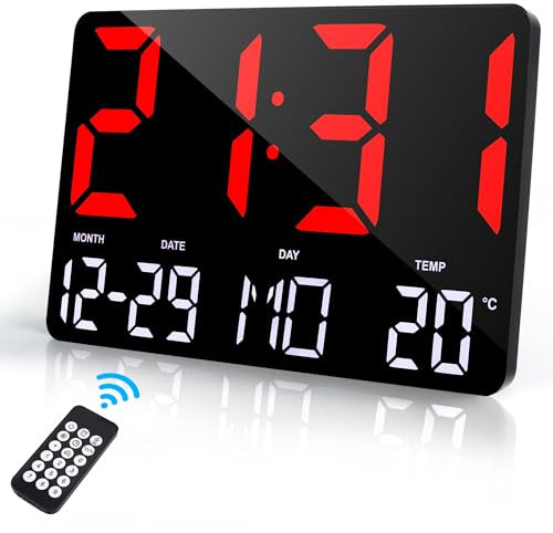 Lafocuse 12 LED Horloge Murale Numérique de Bureau, Grande Horloge Digitale avec Télécommande, Température, Date, Alarmes, Snooze, Luminosité Réglable Pendule Murale pour Salon Chambre Bureau, Rouge