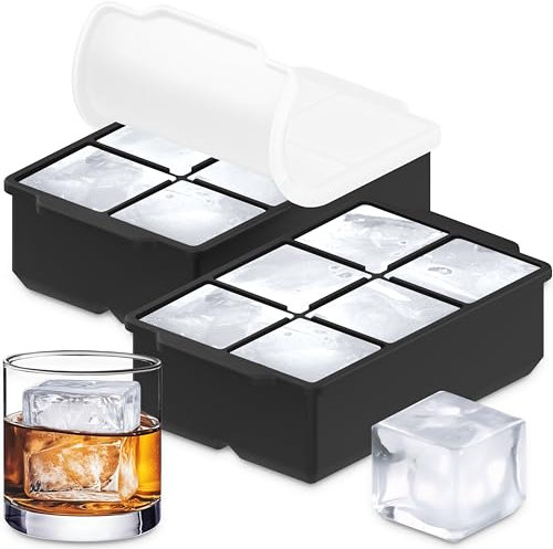 KitchFort Large Silicone Ice Cube Tray (2-Pack), Easy Release 2 Big Ice Cubes - Cocktail, Whiskey Ice Cubes Mold - BPA Free Ice Cube Trays for Freezer - Ice Tray With Stackable Lid - Black